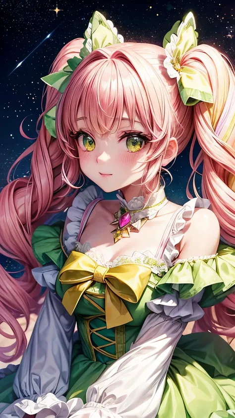 Sparkling yellow-green eyes,stars in my eyes,fluffy clothes,lolita fashion,pink twintails,fluffy hair,Dreams are cute