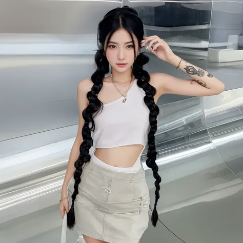 A girl taking pictures，facing the camera，black hair，braid hairstyle，，long hair，European and American fan，Photorealism，masterpiece，best quality，high quality，fine details，clear focus，4 k，1girl， 1 girl，美丽的Face， Face， Divine goddess， ultra high resolution，（Rea...