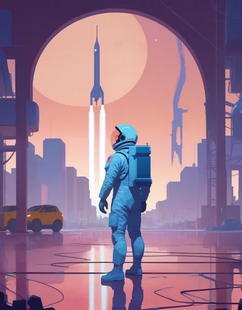 Illustration of a man in a space suit standing in front of a rocket, Laurie Greasley and James Jean, Earth，planet，spaceship，satellite，james jean and i lost my life, Laurie Greasley style, i lost my life and tristan eaton, i lost my life style, i lost my li...