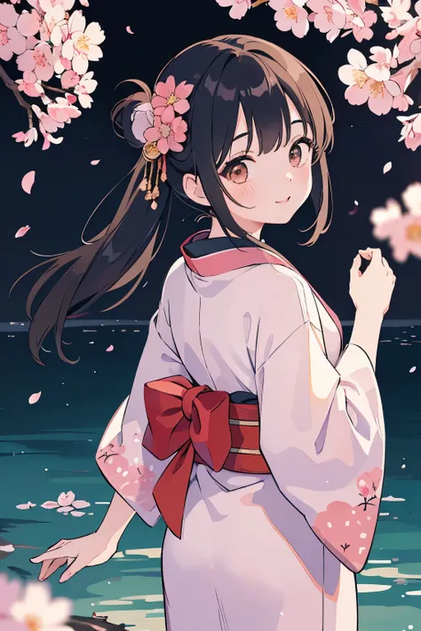 (8K, best quality, master piece: 1.2), super high resolution,1 girl,cute,ultra-detailed face,detailed eyes,brown eyes,upward glance,arms behind back,from back,smile,Japanese kimono costume,Kimono with cherry blossom pattern on black background,A gorgeously...