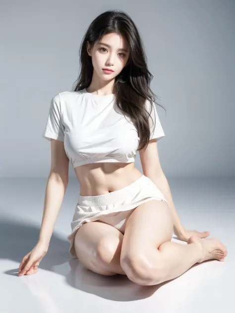 Nipples, visible from a white shirt (((masterpiece, highest quality)), no panties, 1 girl, (photorealistic: 1.4), solo, white background, black hair, long hair, absolute area, skirt, ((full body)),  