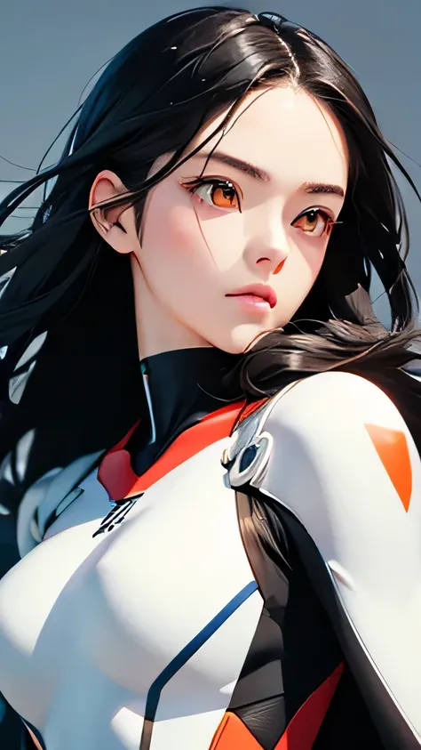 highest quality、realistic、Japanese、Girls Zoom、look up、cute、orange eyes、black hair、all back、Forehead is coming out、White shiny hero suit、superhero、bust shot、slender