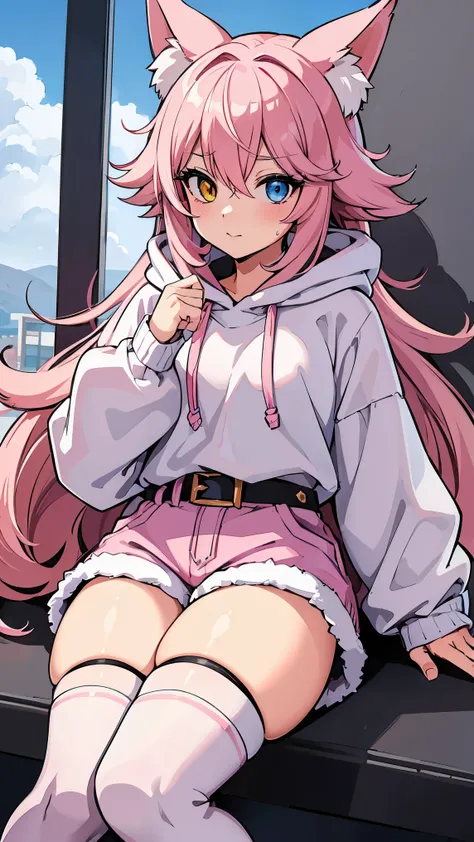 (masterpiece, best qulity) Kawaii, Fluffy Fox, Pink hair, Pink Eye, Blue Eye, heterochromia, Solo, Oversized Hood Jacket, knit sweater, shorts, Pink Striped thigh high Socks, Calf boots, ,