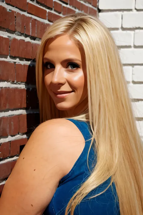 headshot, 25 years old woman, long blonde hair, headshot, left hand on left side of her head, brick wall in the background, realistic,