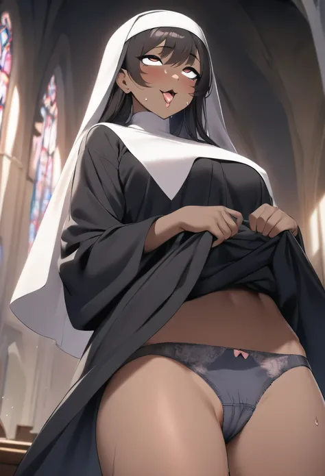 (masterpiece, best quality:1.2), 1 Nun,solo,dark skin,sweating skin,in the church,(Wearing Nuns headdress),(Wearing a loose Nuns robe),(Her hands lifted her robe to reveal her panties:1.7),Lower focus,(Ahegao:1.7)