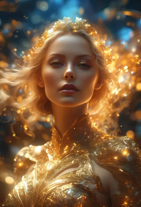beautiful,hell_lady, anatomy correct,fantasy,blingbling,Upper body photo,triangle,Motion blurred,movie lighting effects,fractal background,golden
