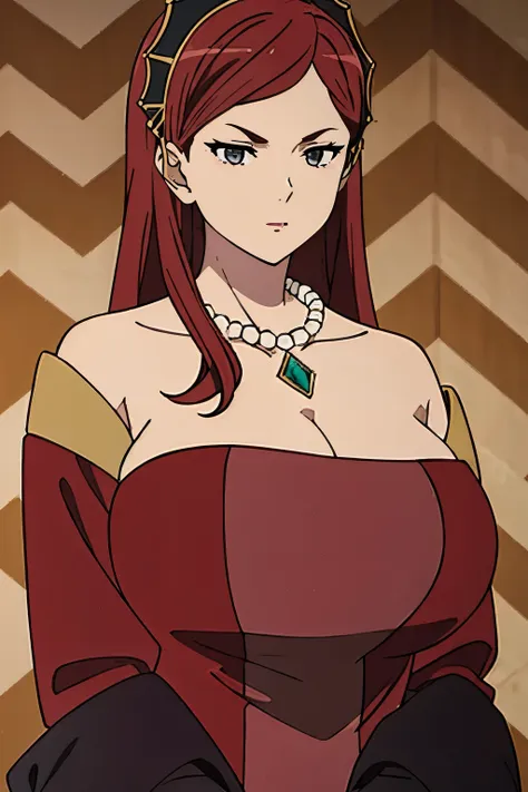 dress, hair band, maroon hair, milf, busty, huge tits , long hair,  emotionless, detailed, upperbody, necklace,