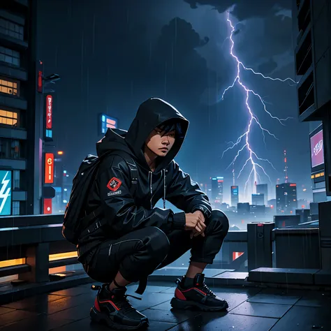 Filipino male hooded cyberpunk hacker, wearing hi-tech headgear and hi-tech backpack, crouching on high rooftop overlooking the streets of Tokyo, in heavy rain and lightning, at night 