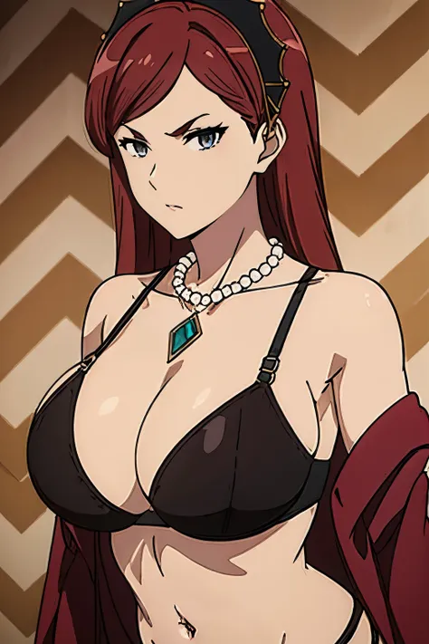 black bra, panties, navel, hair band, maroon hair, milf, busty, huge  , long hair,  emotionless, detailed, upperbody, necklace,