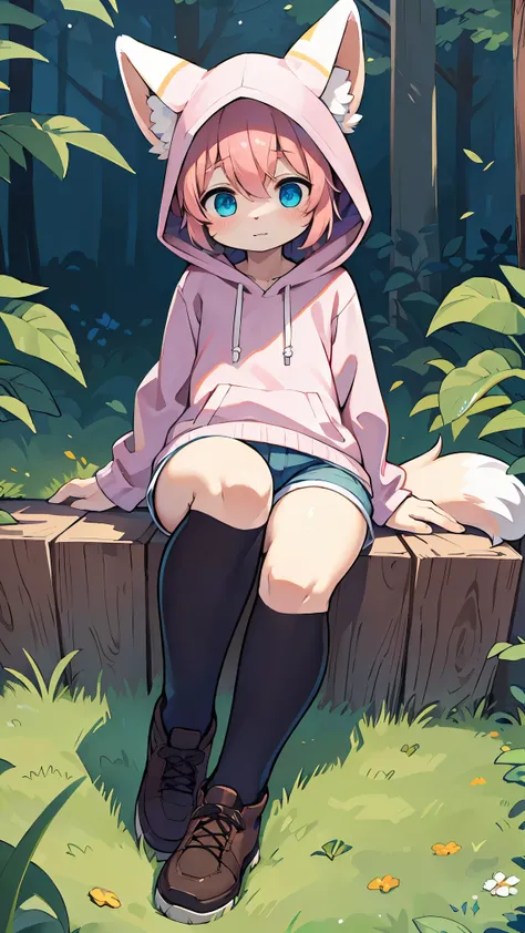 (best quality,4k,8k,highres,masterpiece:1.2),ultra-detailed,(realistic,photorealistic,photo-realistic:1.37),Kawaii, Fluffy Fox, Pink hair, Pink Eye, Blue Eye, heterochromia, Solo, Oversized Hood Jacket, knit sweater, shorts, Pink Striped thigh high Socks, ...