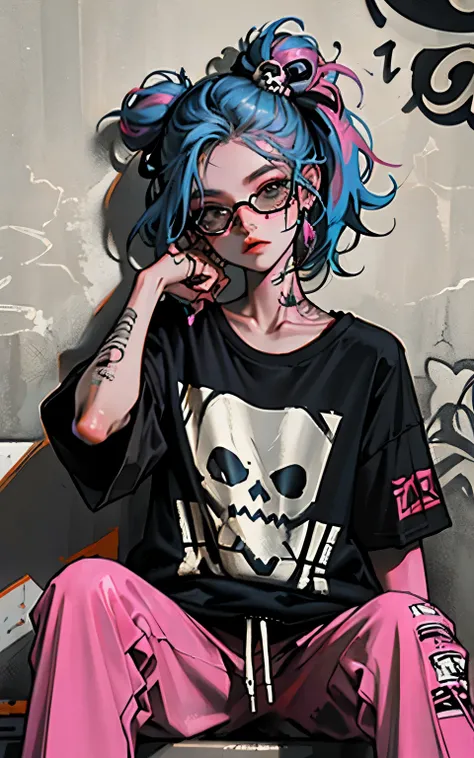 stylish t-shirt design, (best details) (highest quality), Strongest pirate girl wearing sunglasses sitting on a sofa chair, (((graffiti art))), (((Trigger Studio style, graffiti art, skull fashion, Neon color))), khan griffith