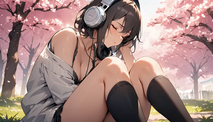 ((best quality)), ((masterpiece)), (detailed), perfect face, sitting under the cherry blossom tree, listening to music, One woman, wearing headphones, eyes closed, wearing underwear
