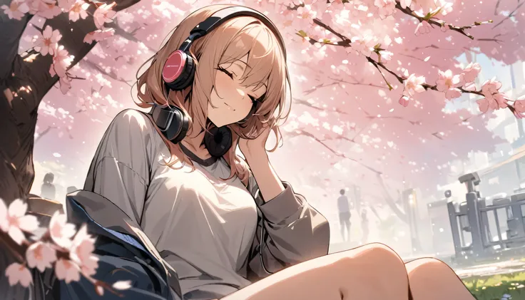 ((best quality)), ((masterpiece)), (detailed), perfect face, sitting under the cherry blossom tree, listening to music, One woman, wearing headphones, eyes closed, wearing underwear
