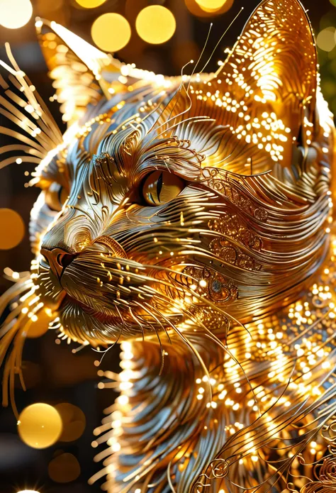 a 3d render of a cat made entirely of intricate golden strands, giving it a complex and detailed structure with a luminescent, s...