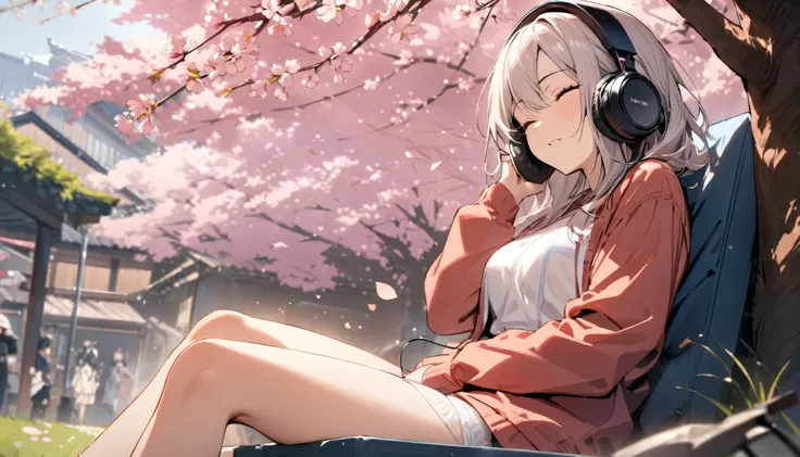 ((best quality)), ((masterpiece)), (detailed), perfect face, sitting under the cherry blossom tree, listening to music, One woman, wearing headphones, eyes closed, wearing underwear
