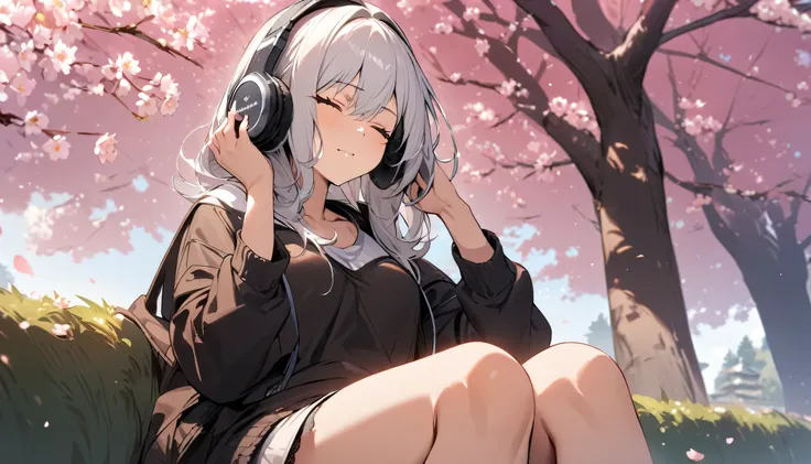 ((best quality)), ((masterpiece)), (detailed), perfect face, sitting under the cherry blossom tree, listening to music, One woman, wearing headphones, eyes closed, wearing underwear
