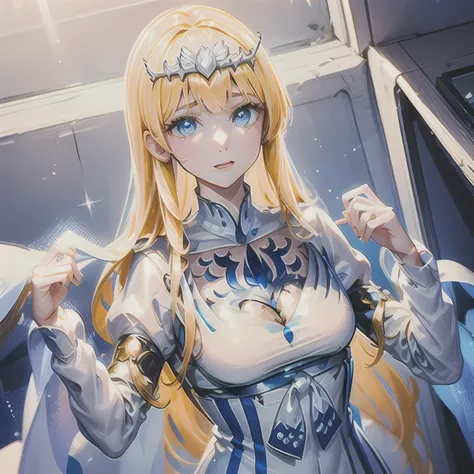 hands down, arms down, hands not showing,  1girl,solo, Calca, Calca Bessarez, blonde hair, extremely long hair, very long hair, white tiara, silver tiara, white dress, blue eyes, medium chest