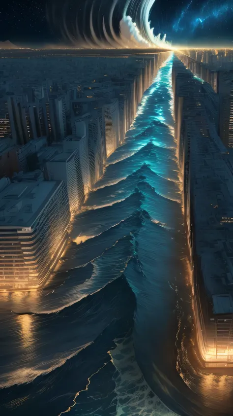 Tsunami waves drowned the city, building, night sky, 8k