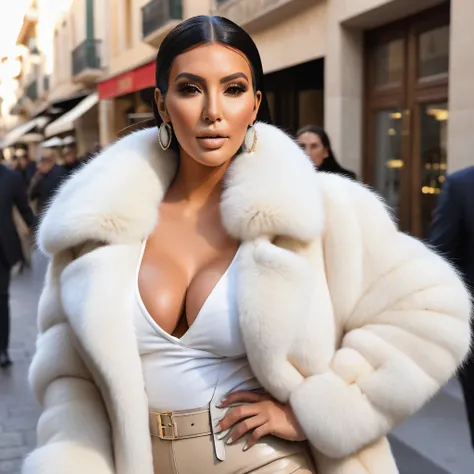 A very wide and very thick, very short white fox fur coat, fifty centimeters thick, duveteux, naturel, with an ultra thick white and sand mink fur collar, three layers, sur Kim Kardashian, fully nude front view, bare shoulders, and two large breast discove...