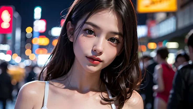 1 girl in bikini, Tokyo Street,night, city View,city lights, Upper body,close up, 8K, original photo, best quality, masterpiece,actual, photo-actual,