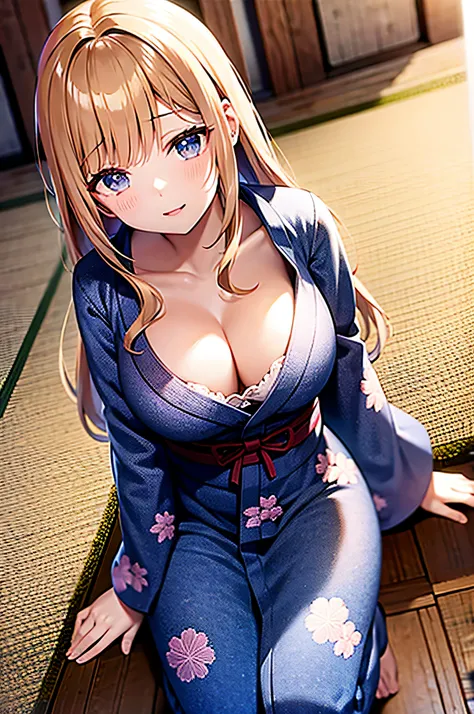 Pov、From above、yukata、open button、leaning forward、bra、take a look here、Floating yukata