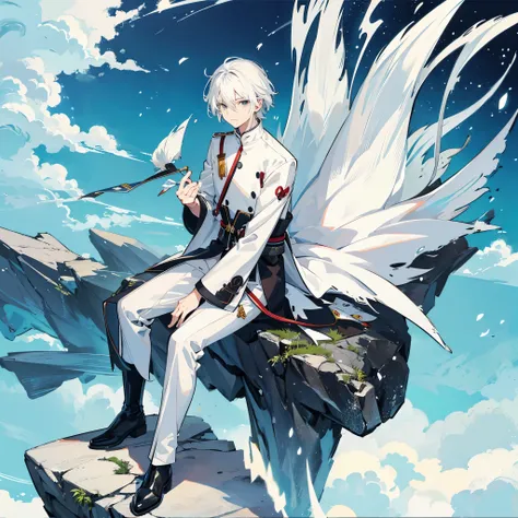 A white-haired man in anime style is sitting on a rock