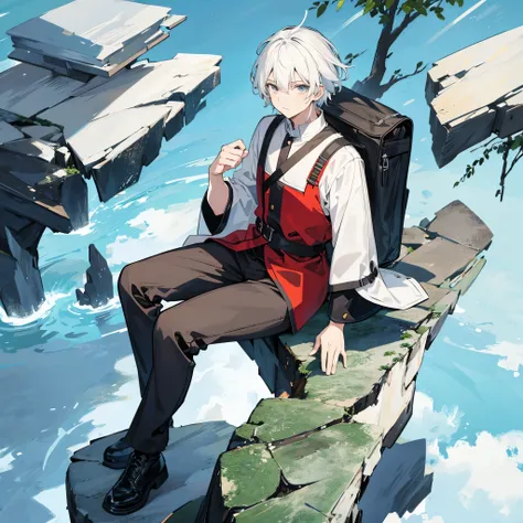 A white-haired man in anime style is sitting on a rock