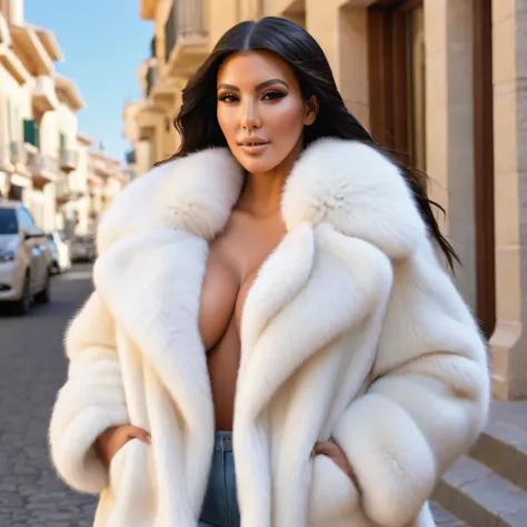 A very wide and very thick, very short white fox fur coat, fifty centimeters thick, duveteux, naturel, with an ultra thick white and sand mink fur collar, three layers, sur Kim Kardashian, fully nude front view, bare shoulders, and two large breast discove...