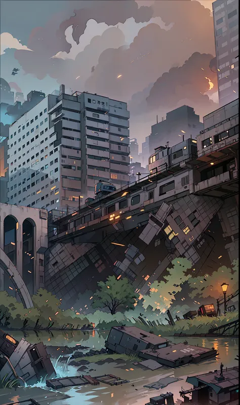 there is a picture of a train on a bridge over a river, post apocalyptic tokyo, ruined cityscape, outdoors ruined cityscape, in a ruined cityscape, anime style cityscape, set in post apocalyptic tokyo, tokyo anime scene, overgrown city, destroyed city in t...