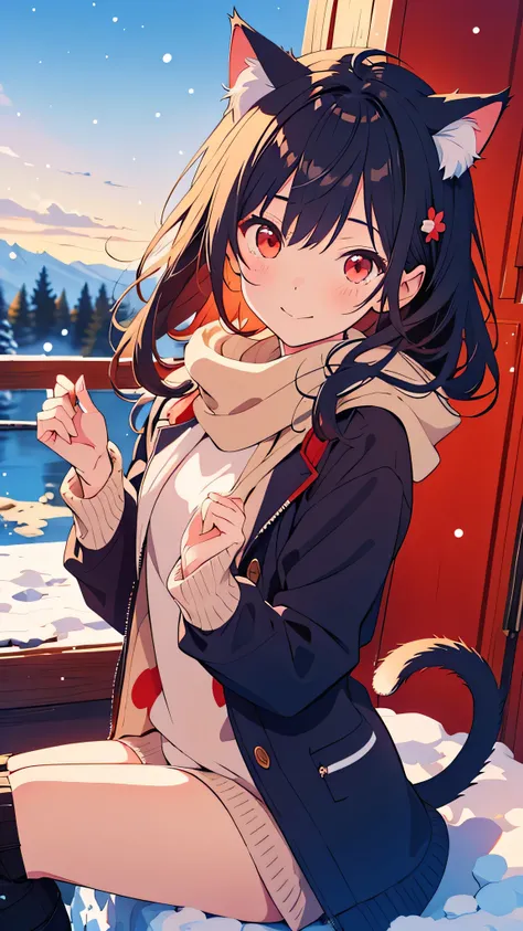 (Best Quality, masterpiece:1.2), (Anime style, Comic Core:1.1),1girl, cute-style, adorable, very detailed hair, winter, 8K, resolution, cat girl, cat ears, red eyes, black hair, winter clothes, winter boots, nature snow background