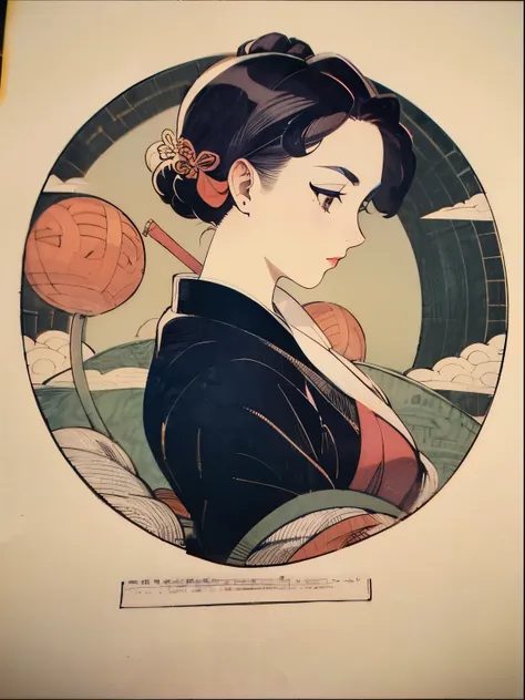 ukiyo-e, 50s woman, short hear, white back