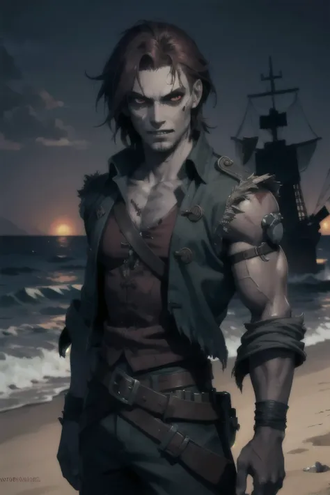 zombie pirates, pale skin, detailed face, pirate clothes, ragged pirate clothes, night time on the beach, red eyes, messy hair, male zombie