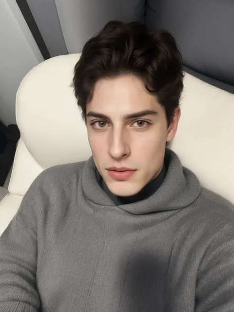 arafed man in a gray sweater sitting on a white sofa, pablo atreides, beautiful androgynous prince, he is wearing a brown sweate...