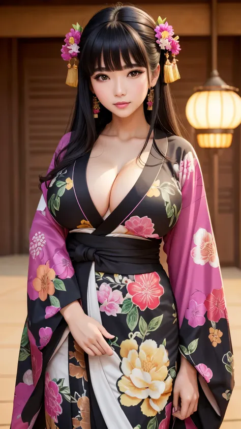 ((highest quality)), ((8k)), (detailed face), (highlight), Asian、woman、Big breasts、bangs、black hair、Colorful kimono with patterns、