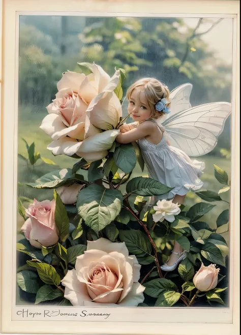 a ultra cute mythical fairy sitting inside of a ultra white rose bud, white rose garden, white rose, white mock orange bush, in a garden, 8k