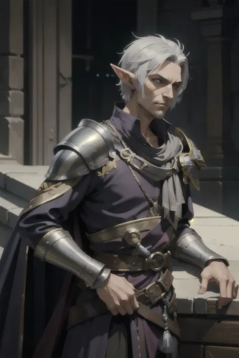 male elf pirate, elder, tall, square jaw, stoic face, with silver short hair, noble pirate armor, confident sharp look, majestic...