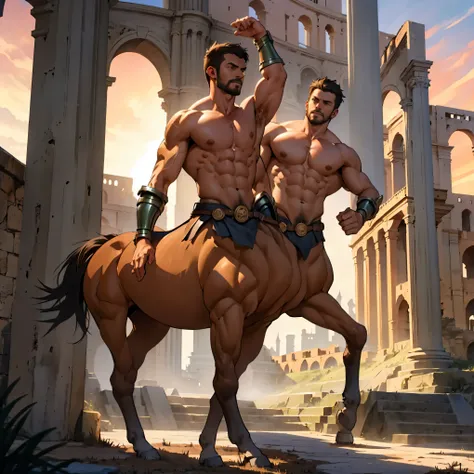 highly detailed full body full color photo of a centaur:1.2, standing, tall, green short hair, gauntlets, bare chest, detailed muscular physique, lifelike depiction, 4K resolution. Background: Colosseum during a spectacular sunset,32k uhd, best quality, ma...