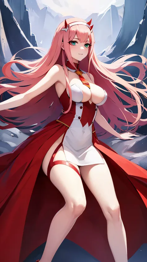 Anime girl, Zero Two, 002 from Darling in the franxx (best quality,4k,8k,highres,masterpiece:1.2), ultra-detailed, (Anime art style, :1.37), portraits, solo, one_girl, long_hair, beautiful_detailed_horns, pink_hair, stunning_breasts, delicate_hairband, enc...