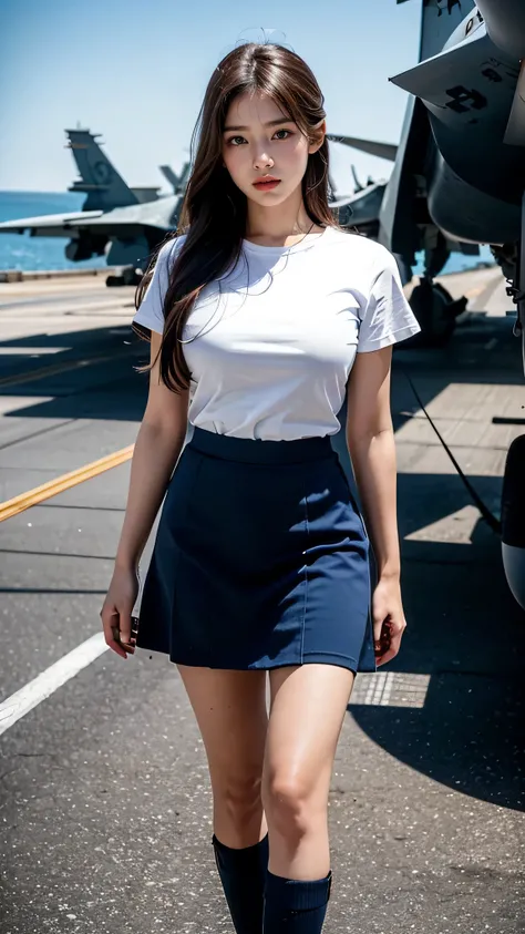 16k, highest quality, ultra detailed:1.37), Ray Tracing , Unity 8k wallpaper, ((18 years)), a beautiful Asian girl, ((proudly stands in a Aircraft Carrier Deck)), representing her  as a Navy Pilot, ((She wears a fitted Luxury pink T-shirt)), ((Luxury Knee ...