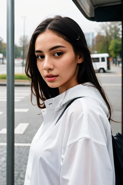 Highest quality, 4k, high definition,highly detailed body, highly detailed eyes, highly detailed lips, highly detailed face, highly detailed background, bus stop background, sexy girl in wet white clothes, waiting for bus, wet