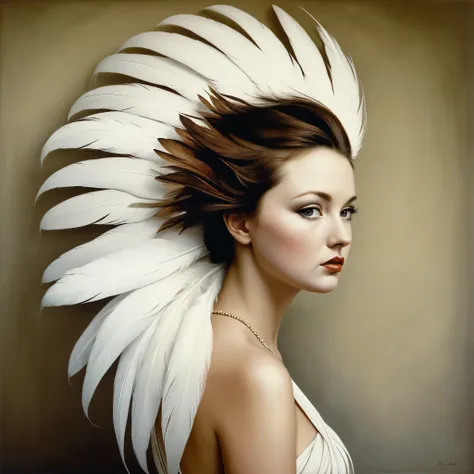 Amy Judd&#39;s Feather and the Maiden，Surrealism，Various feathers，Covering the girl&#39;s head，Amy Judd，Super picture quality