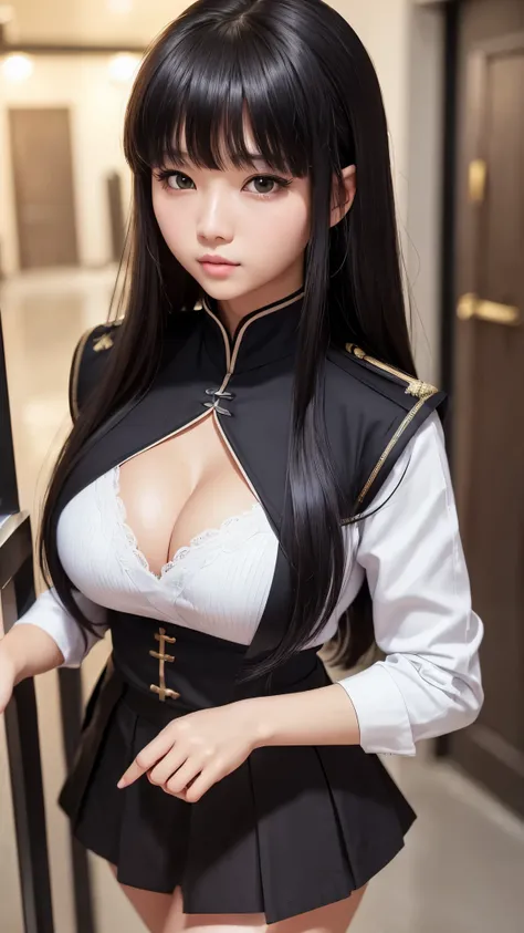 ((highest quality)), ((8k), (detailed face), (highlight), girl、cleavage、Asian、bangs、black hair、skirt、combat uniform、white、