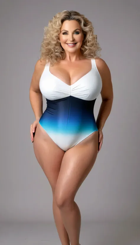 ((highest quality、8K、masterpiece:1.3)), full bodyエスビアン, Open leotard swimsuit,  long legs, Very voluptuous body, sensual body, plus size women, attractive plus size model, pregnant woman, Long straight blonde(Front Up)Portrait of a 55 year old woman with c...