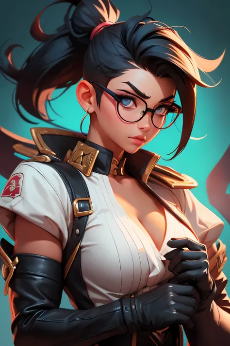 Wide angle shot, beautiful female street fighter, wearing large glasses, black undercut hair, wearing large iron gloves