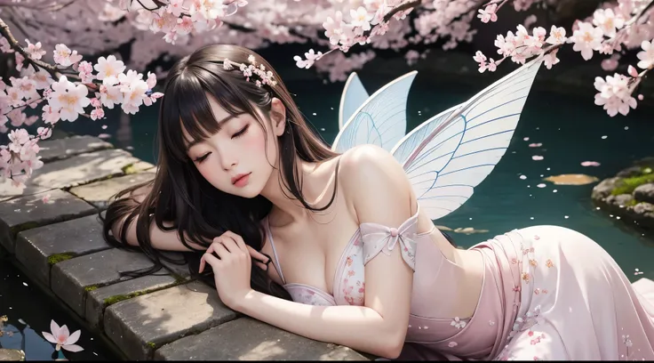 A beautiful fairy with wings、Sleeping、目を閉じてSleeping、With the fairy in front、Upper body、bangs、close up of face、glossy lips、Japanese garden、cherry blossoms、high resolution、mysterious、high resolution、 Around her are bright cherry blossoms and a quiet carp pon...