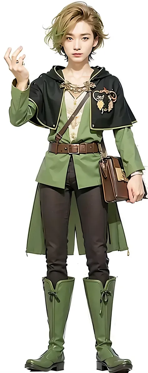 20 year old man, euopean look, smiling, light brown hair with green hair tips, green shirt, brown trousers, green boots, black cape, book on belt