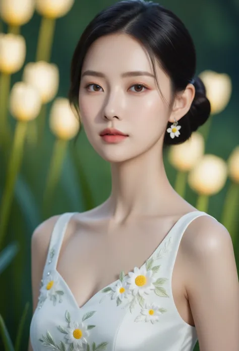 embroidery,1girl(solo,Eyes(Deep amber,crystal clear,long and delicate eyelashes),Nose(Elevated,a slightly upturned nose tip),Lips(Rosy color,defined lip line),Hairstyle(Black hair,smooth and shiny,slightly wavy at the ends),Skin(Fair,blemish-free,as delica...