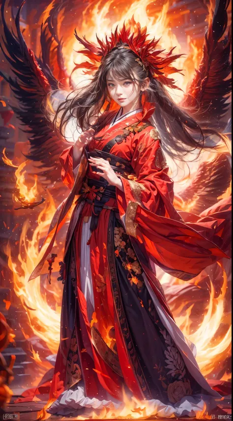 (full body portrait), (close up) ,1 girl，korean girl, 17 years old, Fire mage wearing fiery red clothes（Chinese Hanfu），The robe is embroidered with intricate runes，Decorated with a burning scent。He was tall and strong，Raise your hand，Powerful fire spells a...