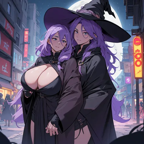 8k, high qualit, woman  age 30, witch, long  purple hair, flowing hair, giant witches hat, long black cloak, big breasts, fully clothed, layers of cloth clothing, witch clothes, covered in darkness, in the night, night time neon street city, huge tits,mulh...