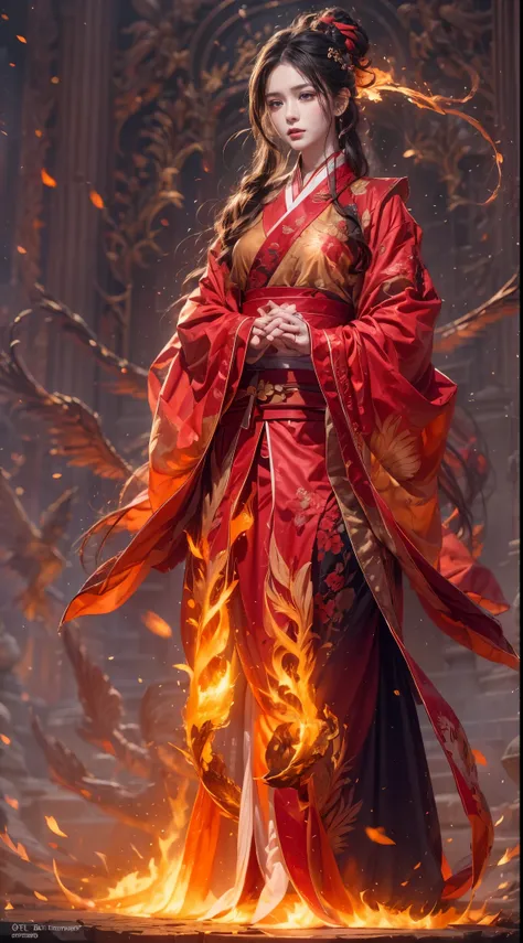 (full body portrait), (close up) ,1 girl，korean girl, 17 years old, Fire mage wearing fiery red clothes（Chinese Hanfu），The robe is embroidered with intricate runes，Decorated with a burning scent。He was tall and strong，Raise your hand，Powerful fire spells a...